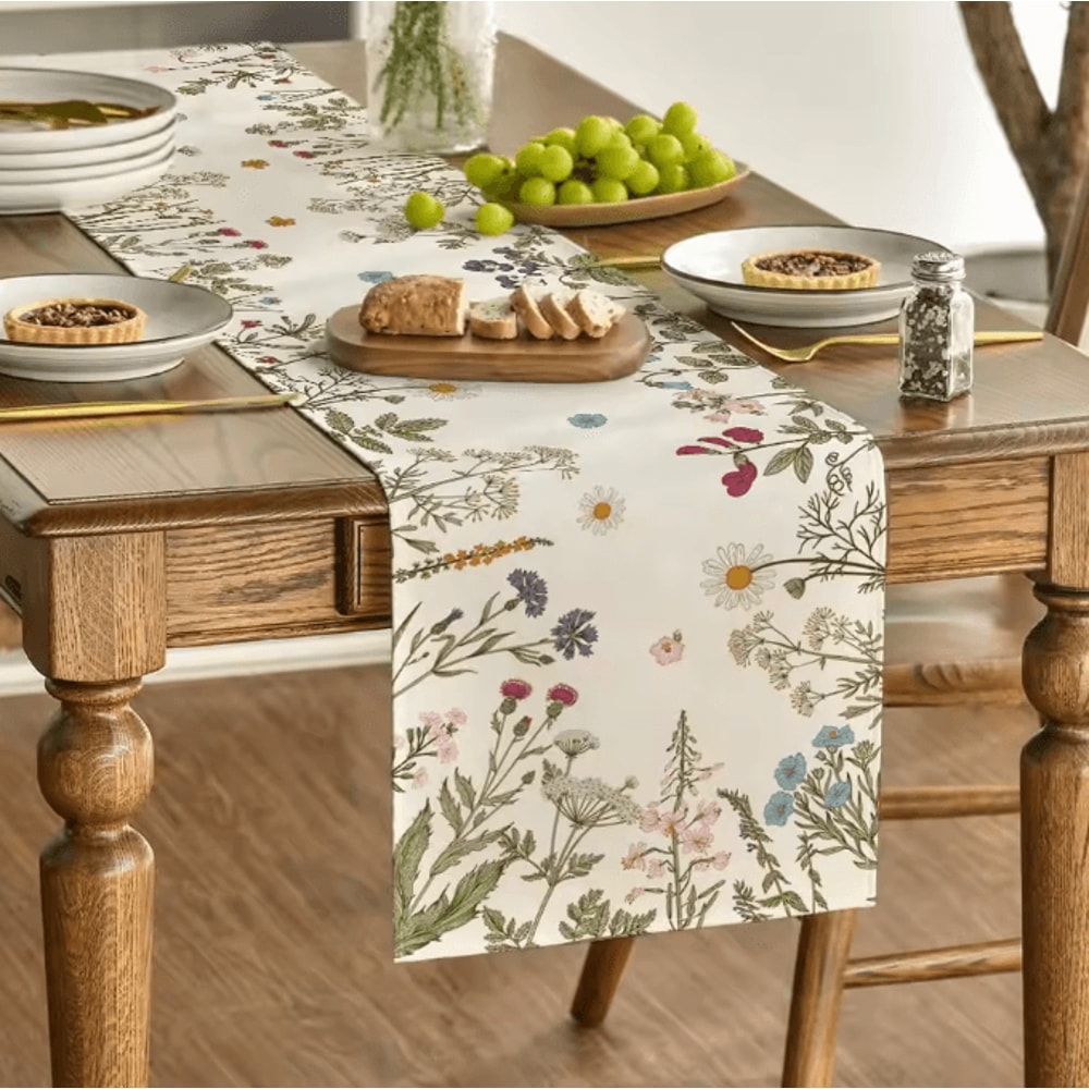 Spring Daisy Floral Linen Table Runner Farmhouse Kitchen Dining Decor 3