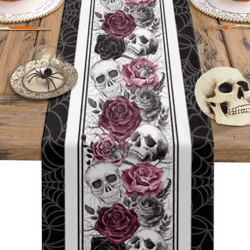 halloween skull rose gothic linen table runner – spooky party decor