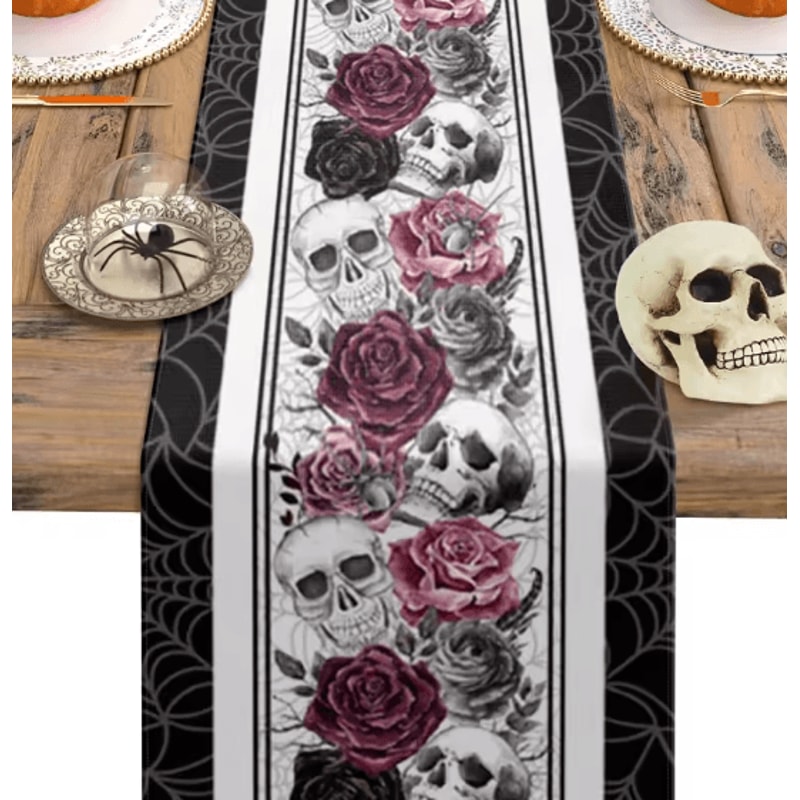 Halloween Skull Rose Gothic Linen Table Runner Spooky Party Decor 0