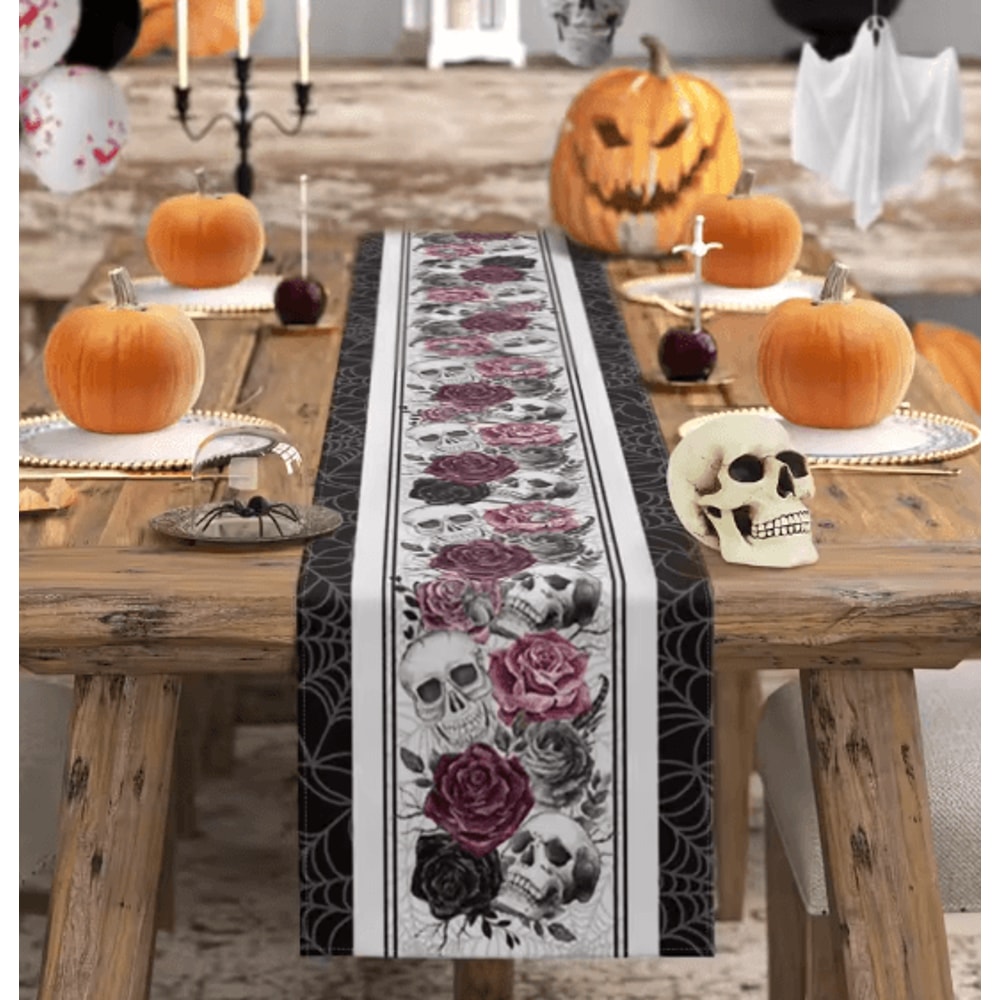 Halloween Skull Rose Gothic Linen Table Runner Spooky Party Decor 2