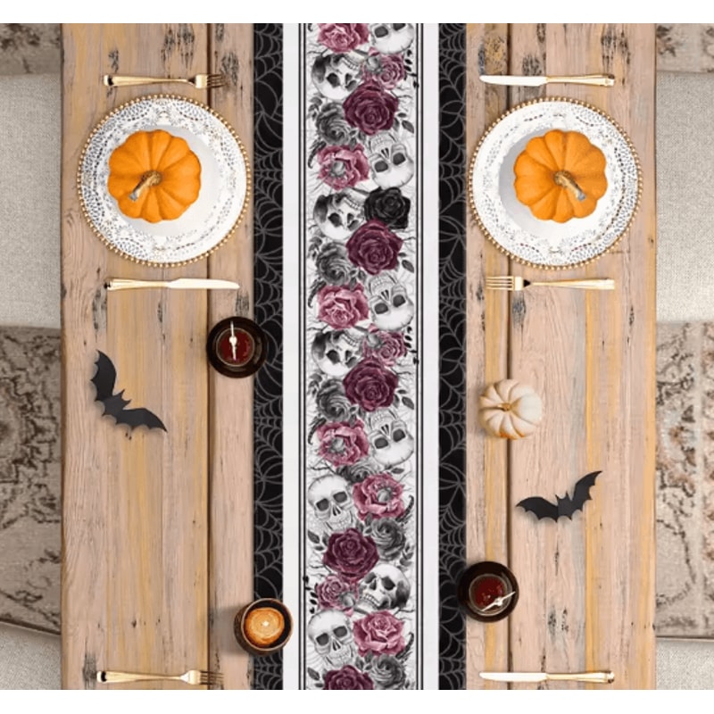 Halloween Skull Rose Gothic Linen Table Runner Spooky Party Decor 3
