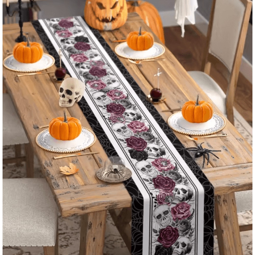 Halloween Skull Rose Gothic Linen Table Runner Spooky Party Decor 4