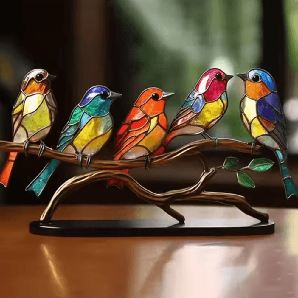 Multicolor Acrylic Birds On Branch Ornament Stained Glass Style Desktop Decor 0