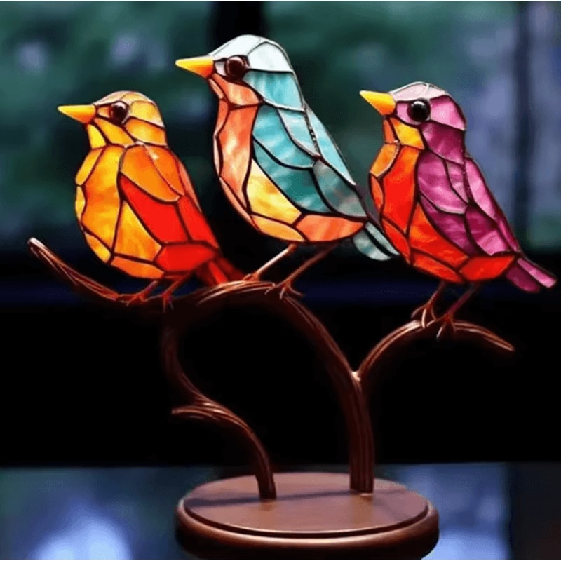 Multicolor Acrylic Birds On Branch Ornament Stained Glass Style Desktop Decor 1