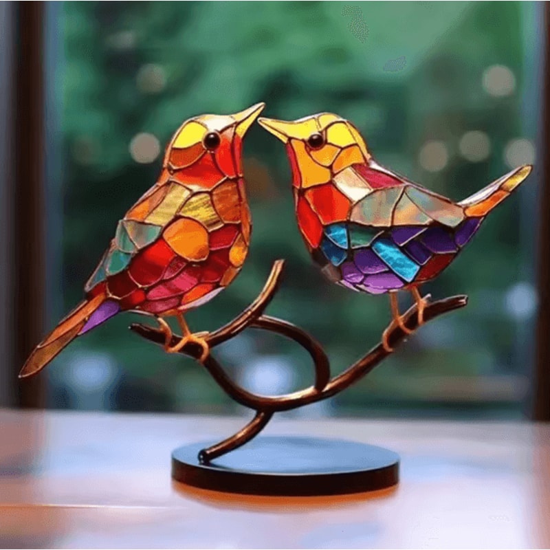Multicolor Acrylic Birds On Branch Ornament Stained Glass Style Desktop Decor 3