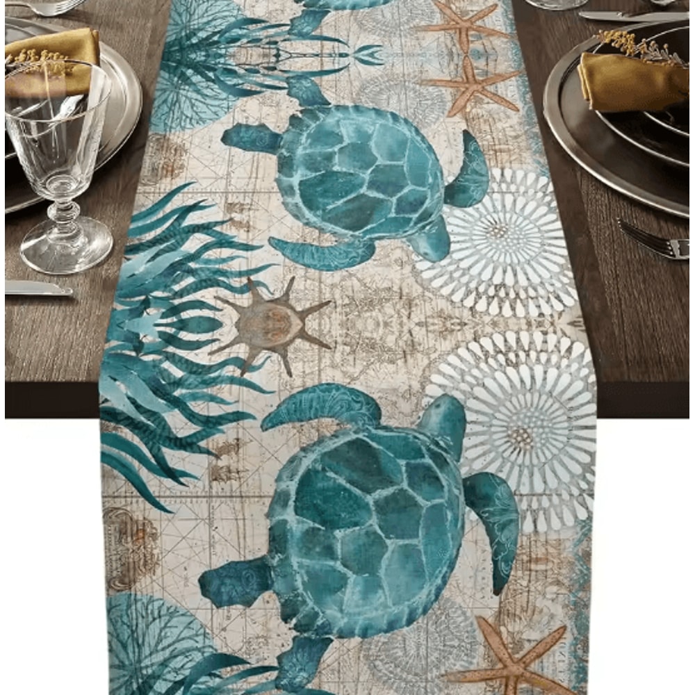 Nautical Sea Turtle Starfish Linen Table Runner Coastal Beach Dining Decor 0