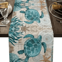 nautical sea turtle starfish linen table runner – coastal beach dining decor