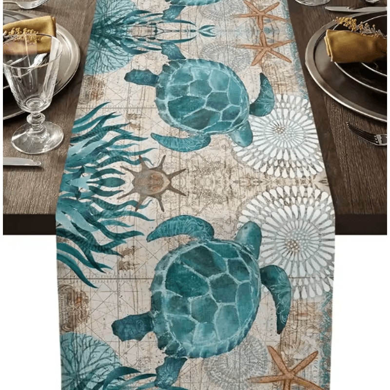 Nautical Sea Turtle Starfish Linen Table Runner Coastal Beach Dining Decor 0