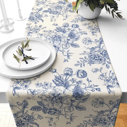 chinoiserie blue floral linen table runner – elegant farmhouse dining decor