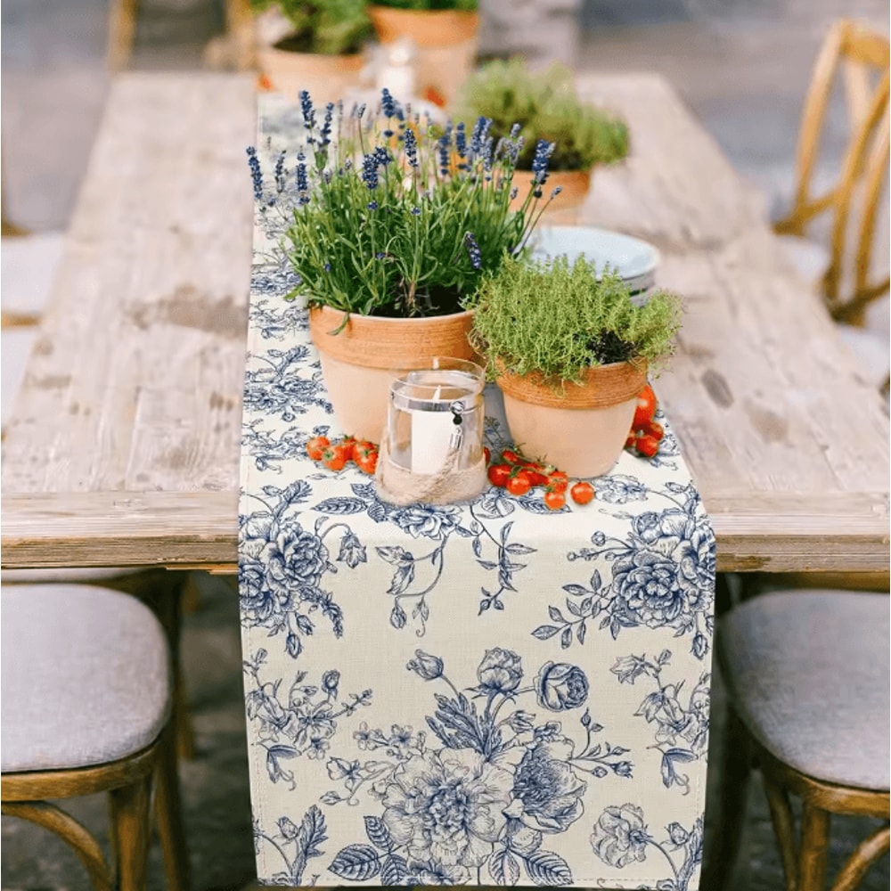 Chinoiserie Blue Floral Linen Table Runner Elegant Farmhouse Dining Decor 1
