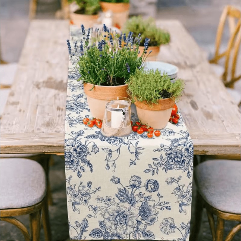 Chinoiserie Blue Floral Linen Table Runner Elegant Farmhouse Dining Decor 1