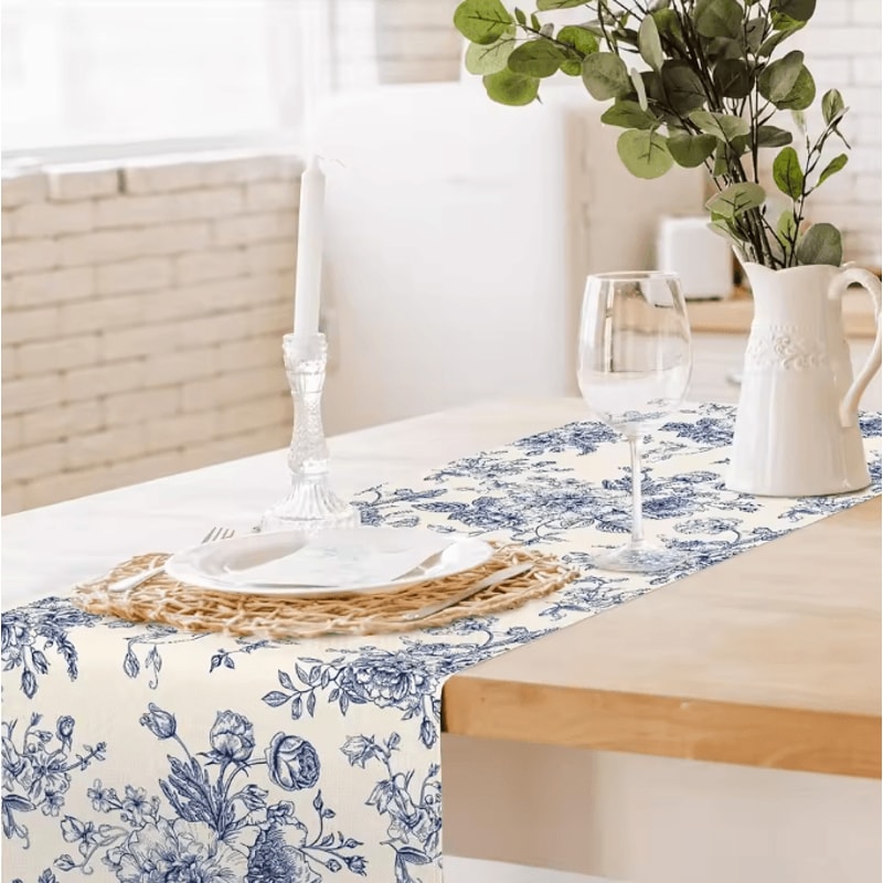 Chinoiserie Blue Floral Linen Table Runner Elegant Farmhouse Dining Decor 2