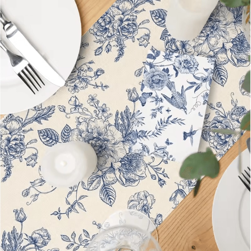 Chinoiserie Blue Floral Linen Table Runner Elegant Farmhouse Dining Decor 3