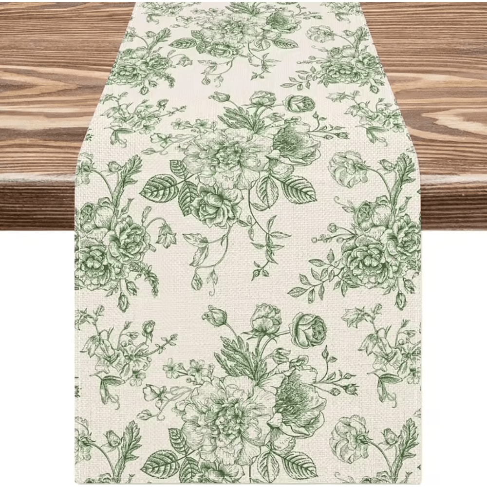Chinoiserie Blue Floral Linen Table Runner Elegant Farmhouse Dining Decor 4