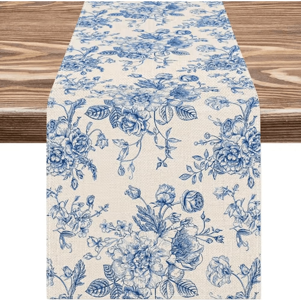 Chinoiserie Blue Floral Linen Table Runner Elegant Farmhouse Dining Decor 5