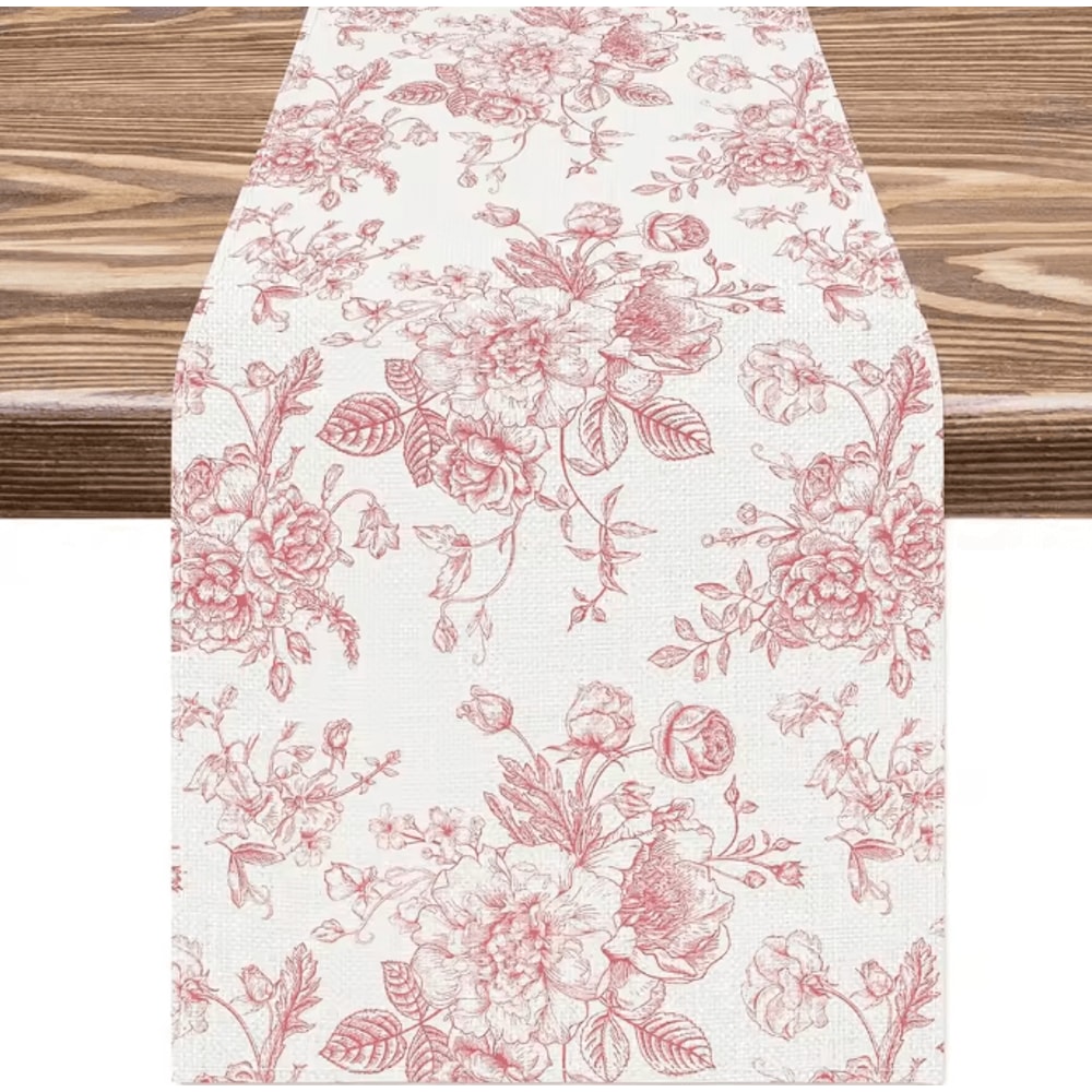 Chinoiserie Blue Floral Linen Table Runner Elegant Farmhouse Dining Decor 6