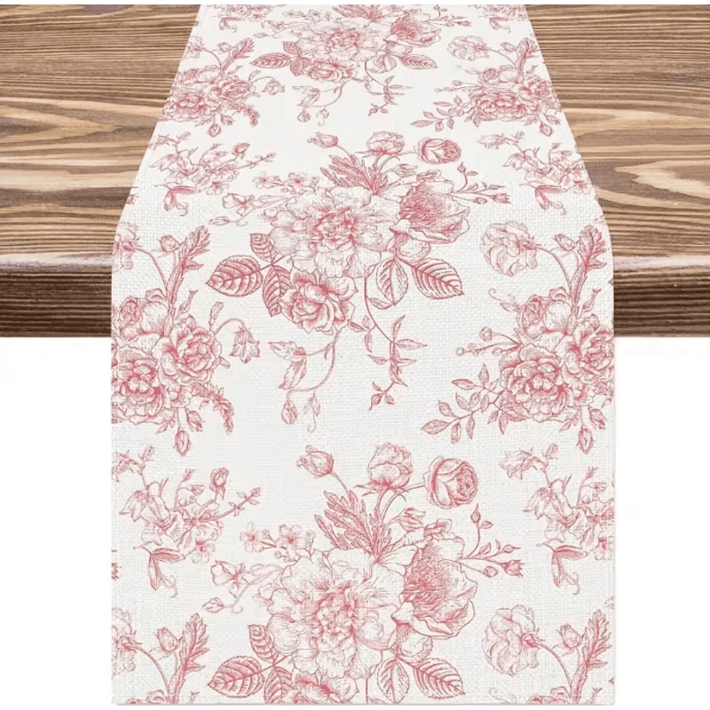 Chinoiserie Blue Floral Linen Table Runner Elegant Farmhouse Dining Decor 6