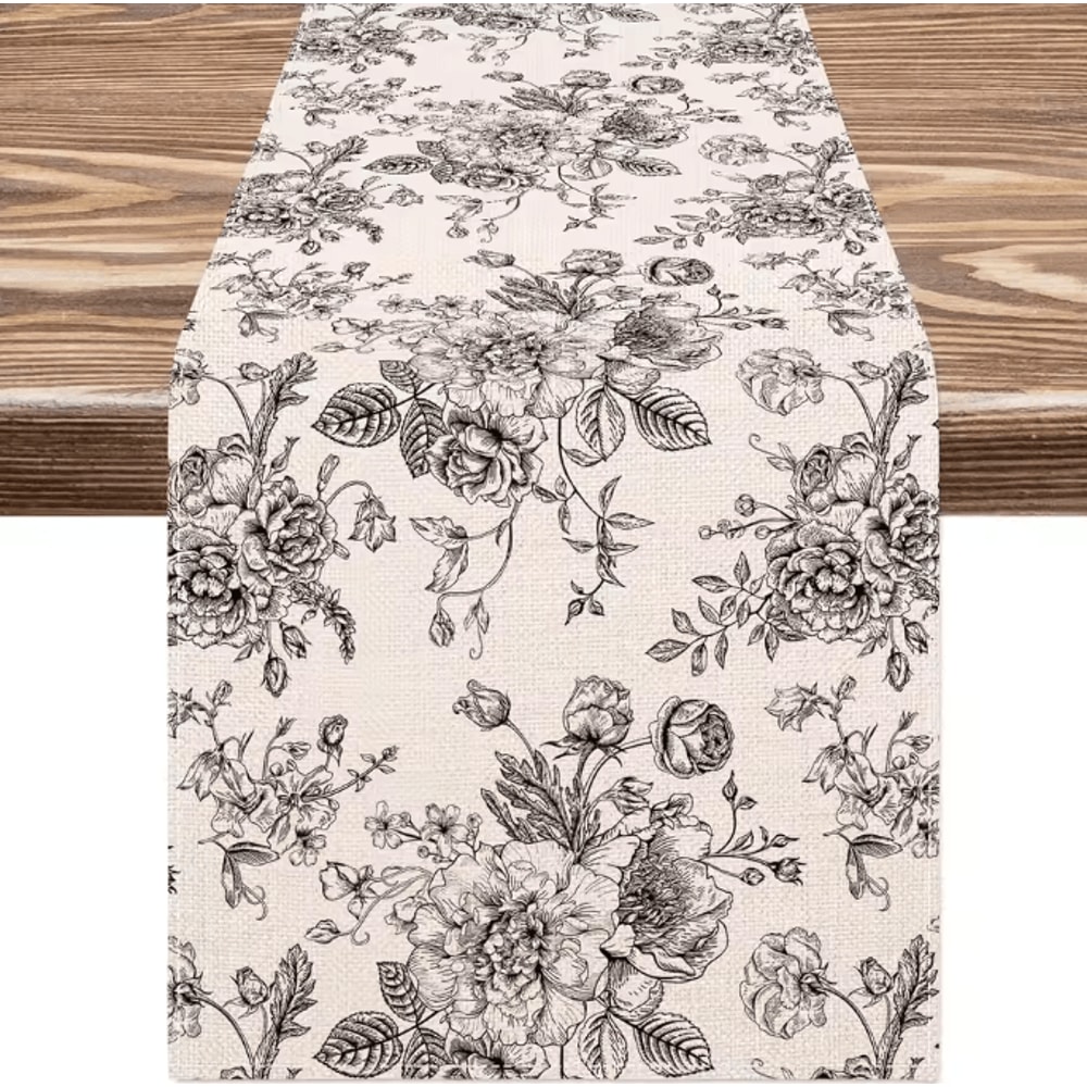 Chinoiserie Blue Floral Linen Table Runner Elegant Farmhouse Dining Decor 7