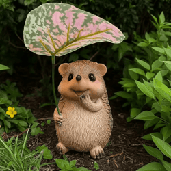 cute hedgehog garden statue with leaf umbrella – resin animal figurine outdoor decor