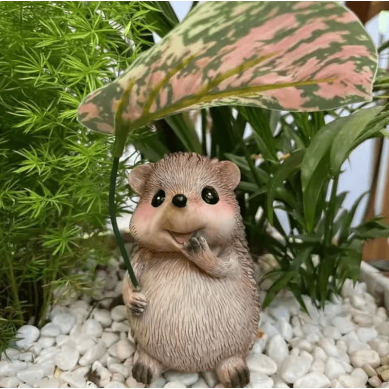 Cute Hedgehog Garden Statue With Leaf Umbrella Resin Animal Figurine Outdoor Decor 2
