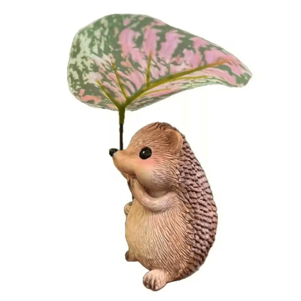 Cute Hedgehog Garden Statue With Leaf Umbrella Resin Animal Figurine Outdoor Decor 4