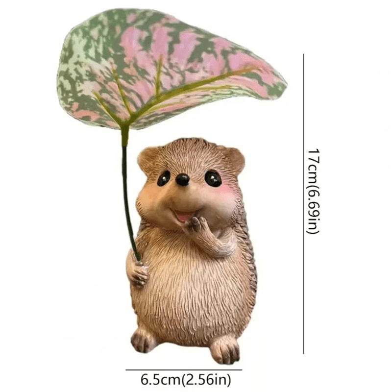 Cute Hedgehog Garden Statue With Leaf Umbrella Resin Animal Figurine Outdoor Decor 5