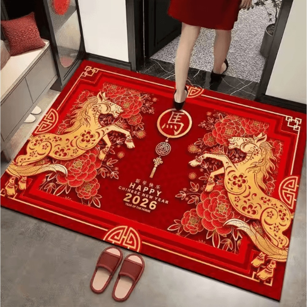 Chinese New Year Year Of The Horse Rug Red Gold Festival Carpet With Running Horse Peony Design 1