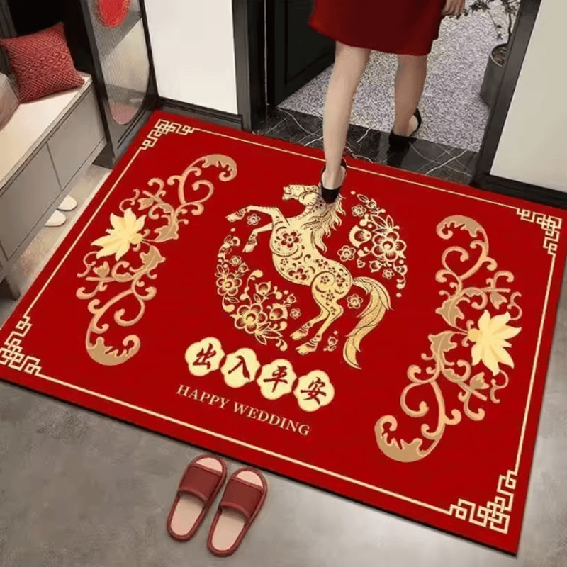 Chinese New Year Year Of The Horse Rug Red Gold Festival Carpet With Running Horse Peony Design 4