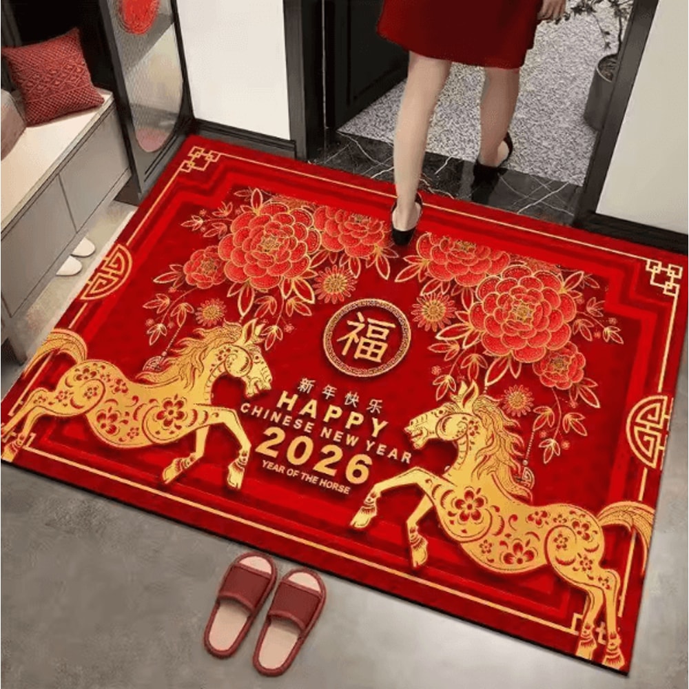 Chinese New Year Year Of The Horse Rug Red Gold Festival Carpet With Running Horse Peony Design 5