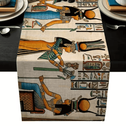 ancient egyptian linen table runner – ethnic mural dining decor for kitchen & holiday tables