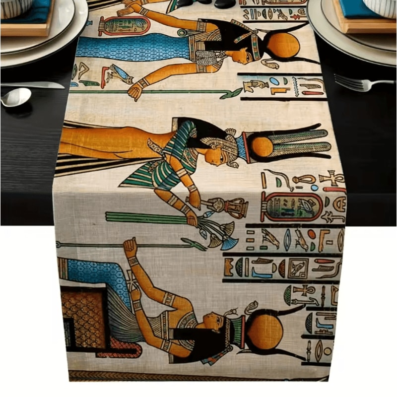 Ancient Egyptian Linen Table Runner Ethnic Mural Dining Decor For Kitchen Holiday Tables 0