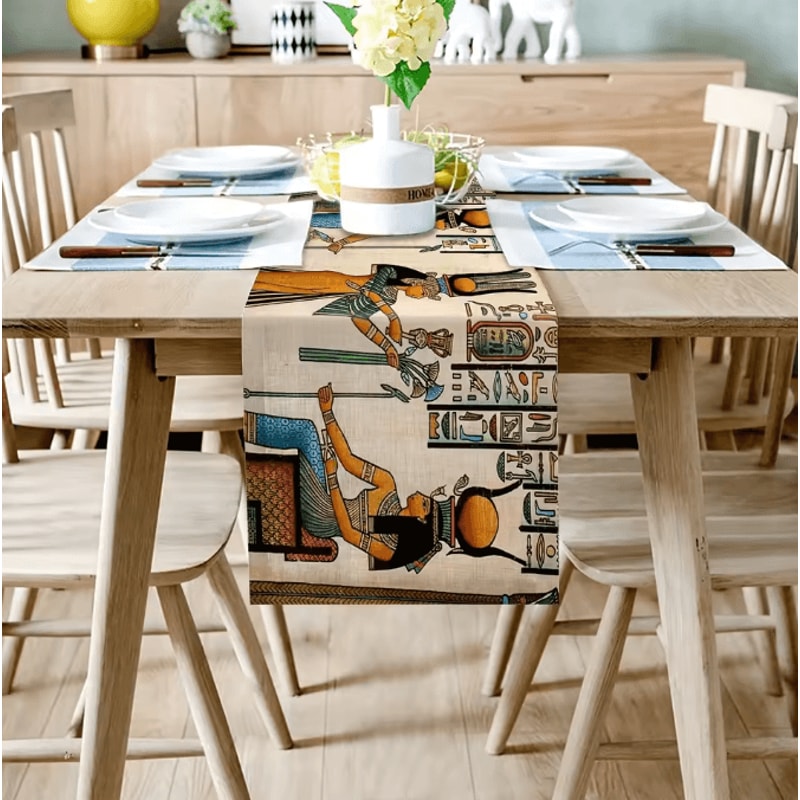 Ancient Egyptian Linen Table Runner Ethnic Mural Dining Decor For Kitchen Holiday Tables 2