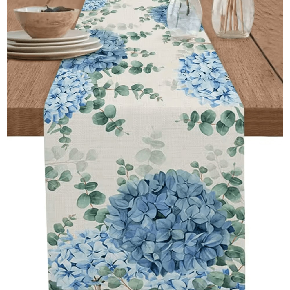 Blue Hydrangea Eucalyptus Linen Table Runner Farmhouse Floral Dining Wedding Table Decor 0