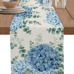 blue hydrangea eucalyptus linen table runner – farmhouse floral dining & wedding table decor