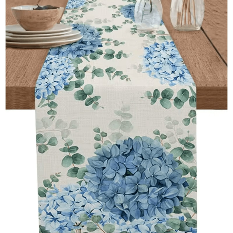 Blue Hydrangea Eucalyptus Linen Table Runner Farmhouse Floral Dining Wedding Table Decor 0