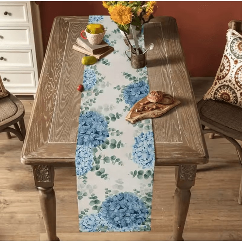 Blue Hydrangea Eucalyptus Linen Table Runner Farmhouse Floral Dining Wedding Table Decor 1