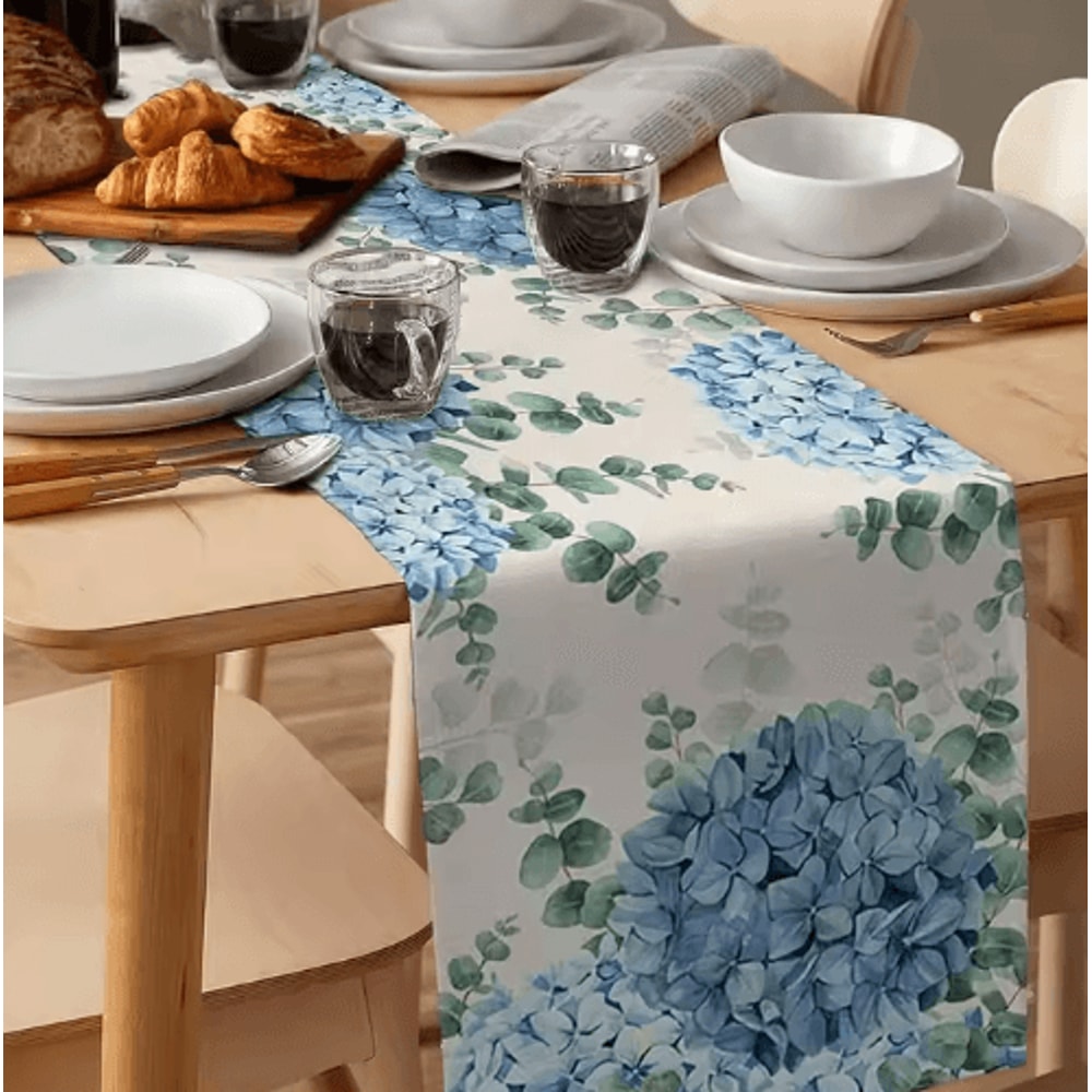 Blue Hydrangea Eucalyptus Linen Table Runner Farmhouse Floral Dining Wedding Table Decor 2
