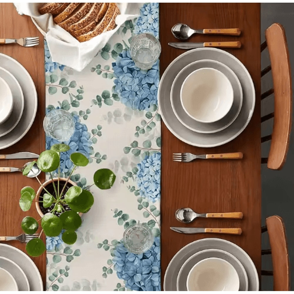 Blue Hydrangea Eucalyptus Linen Table Runner Farmhouse Floral Dining Wedding Table Decor 3