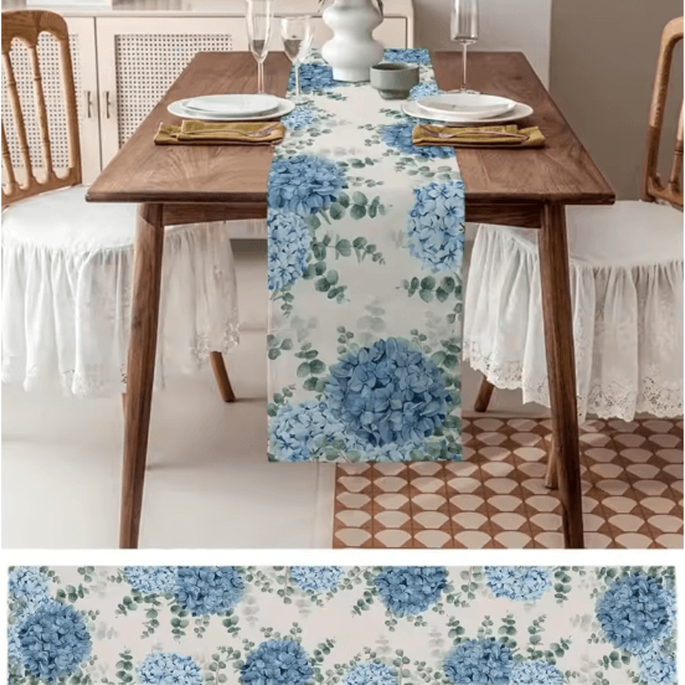Blue Hydrangea Eucalyptus Linen Table Runner Farmhouse Floral Dining Wedding Table Decor 4