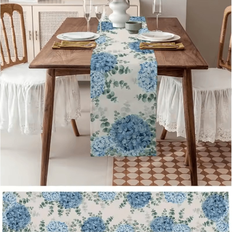 Blue Hydrangea Eucalyptus Linen Table Runner Farmhouse Floral Dining Wedding Table Decor 4