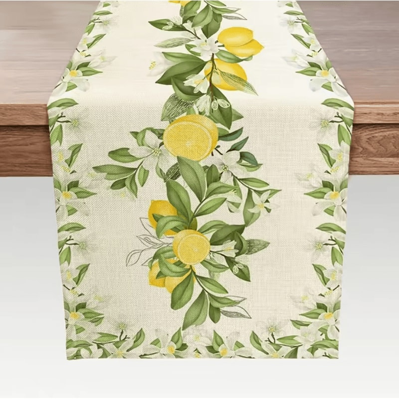 Spring Summer Lemon Floral Linen Table Runner Fresh Citrus Kitchen Dining Decor 0