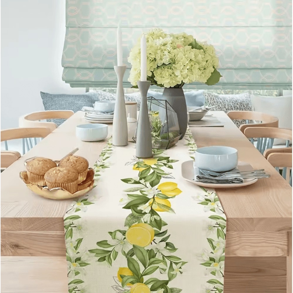 Spring Summer Lemon Floral Linen Table Runner Fresh Citrus Kitchen Dining Decor 2