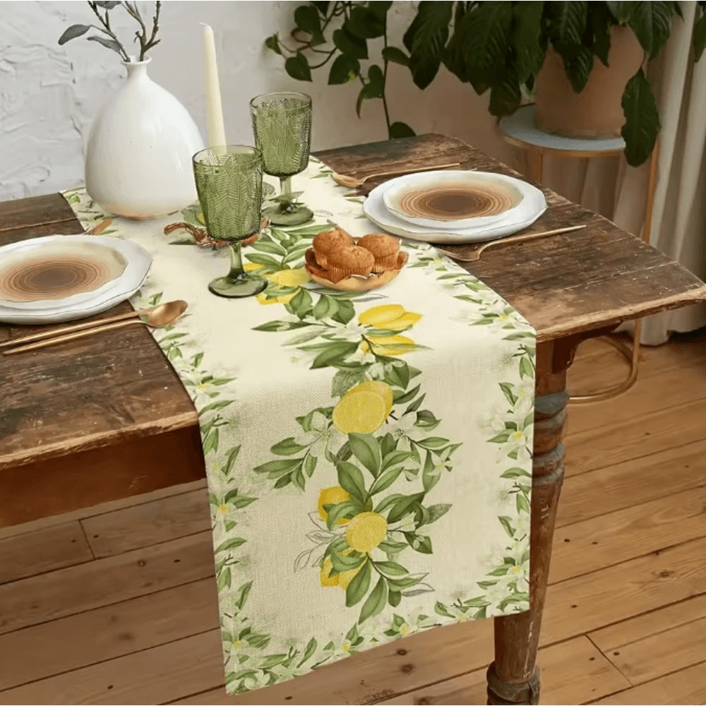 Spring Summer Lemon Floral Linen Table Runner Fresh Citrus Kitchen Dining Decor 4