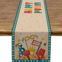 happy purim linen table runner – festive jewish holiday carnival table decor