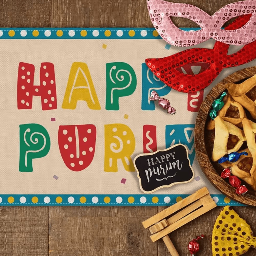 Happy Purim Linen Table Runner Festive Jewish Holiday Carnival Table Decor 2