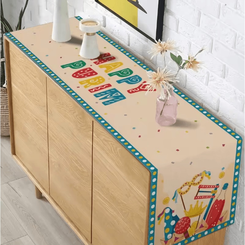 Happy Purim Linen Table Runner Festive Jewish Holiday Carnival Table Decor 3