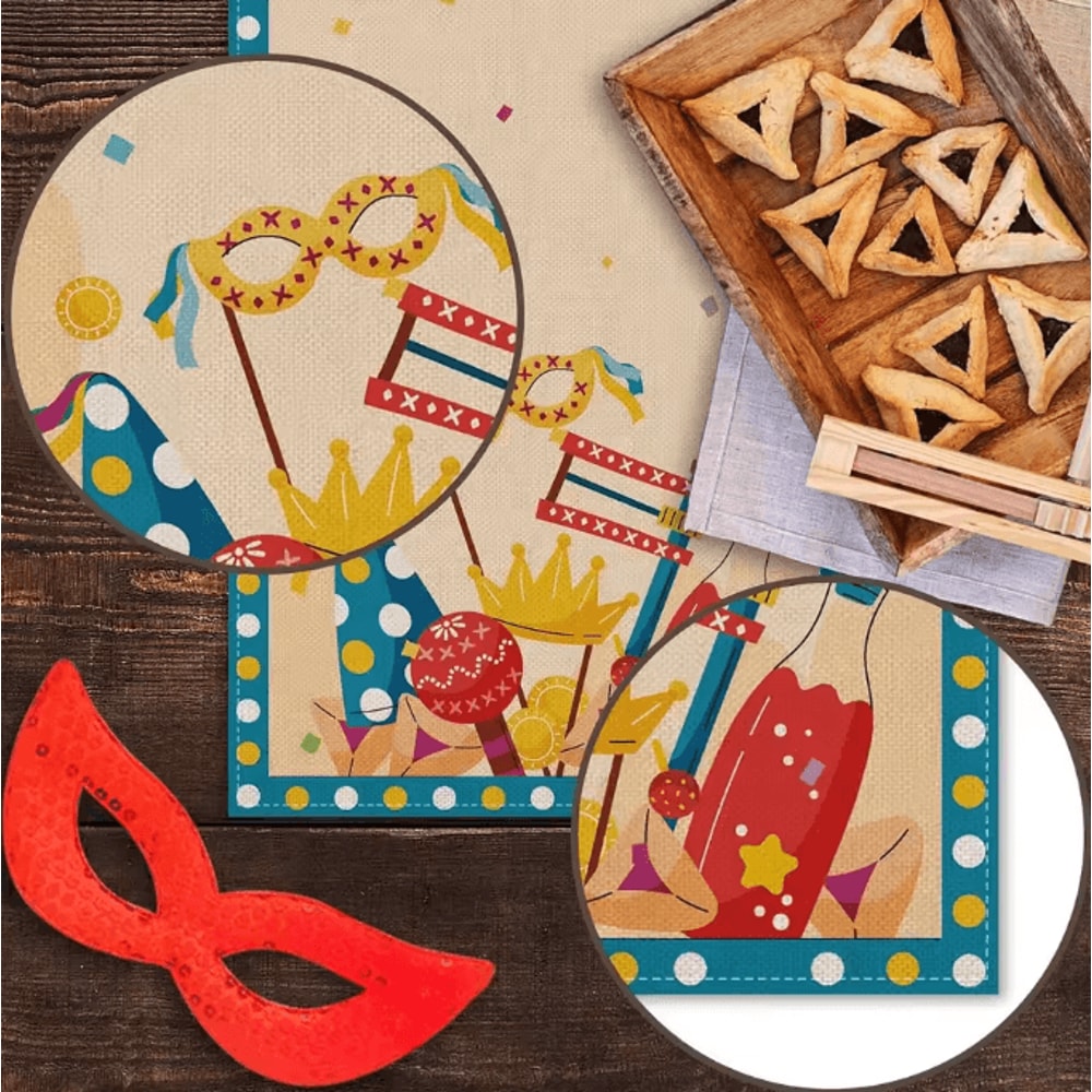 Happy Purim Linen Table Runner Festive Jewish Holiday Carnival Table Decor 4