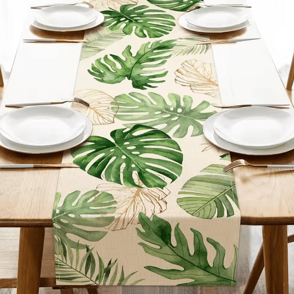 Tropical Palm Leaves Linen Table Runner Summer Greenery Dining Outdoor Party Decor 0