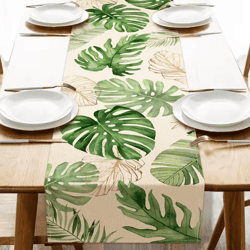 tropical palm leaves linen table runner – summer greenery dining & outdoor party decor