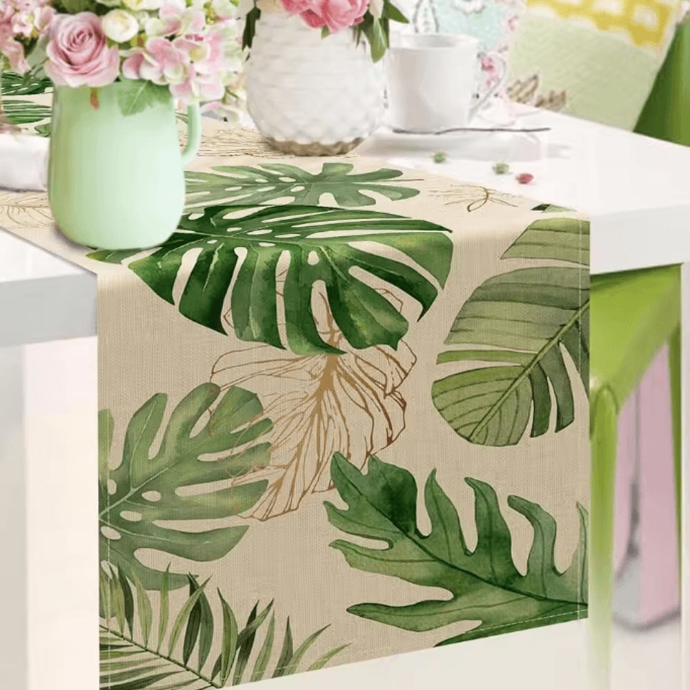 Tropical Palm Leaves Linen Table Runner Summer Greenery Dining Outdoor Party Decor 2